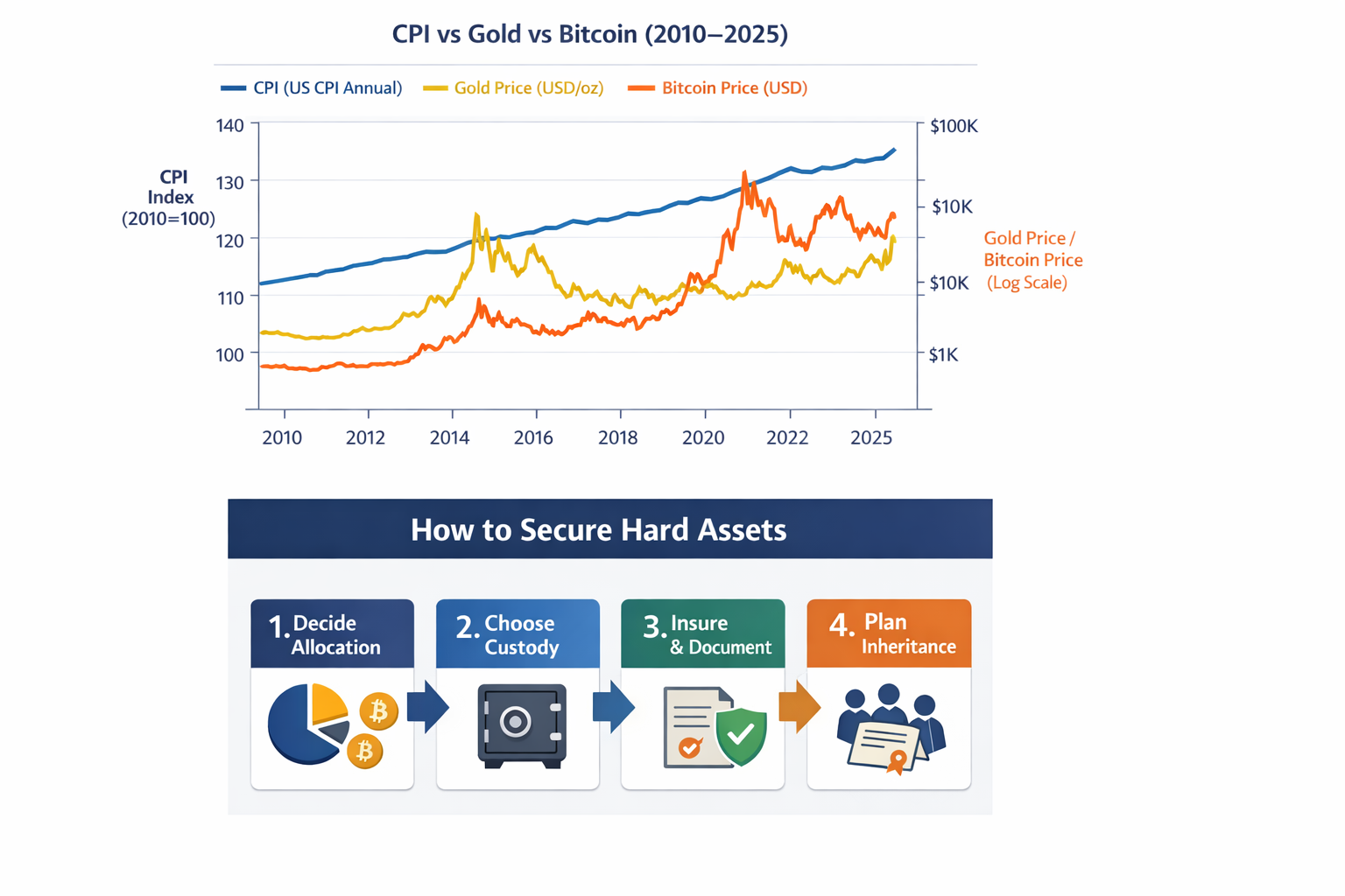 Infographic showing four steps for securing hard assets: Decide allocation, Choose custody, Insure and document, Plan inheritance